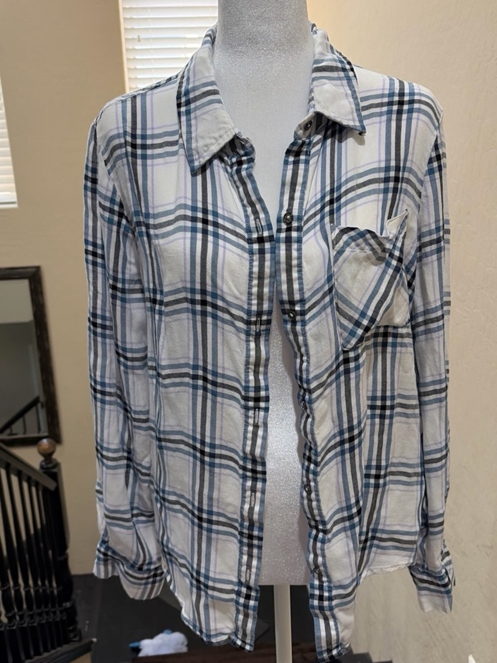 Dkny White and Blue Plaid Women’s Button-Down Shirt